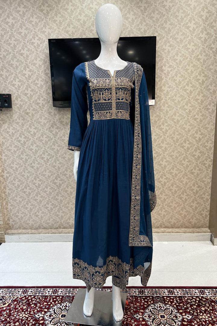 Peacock Blue Sequins and Thread work Salwar Suit with Straight Pants - Seasons Chennai