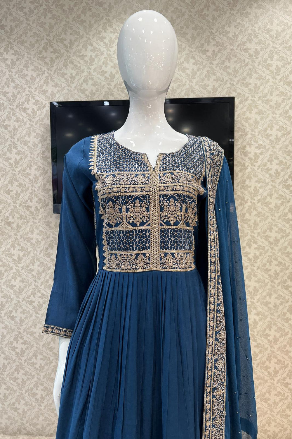 Peacock Blue Sequins and Thread work Salwar Suit with Straight Pants - Seasons Chennai