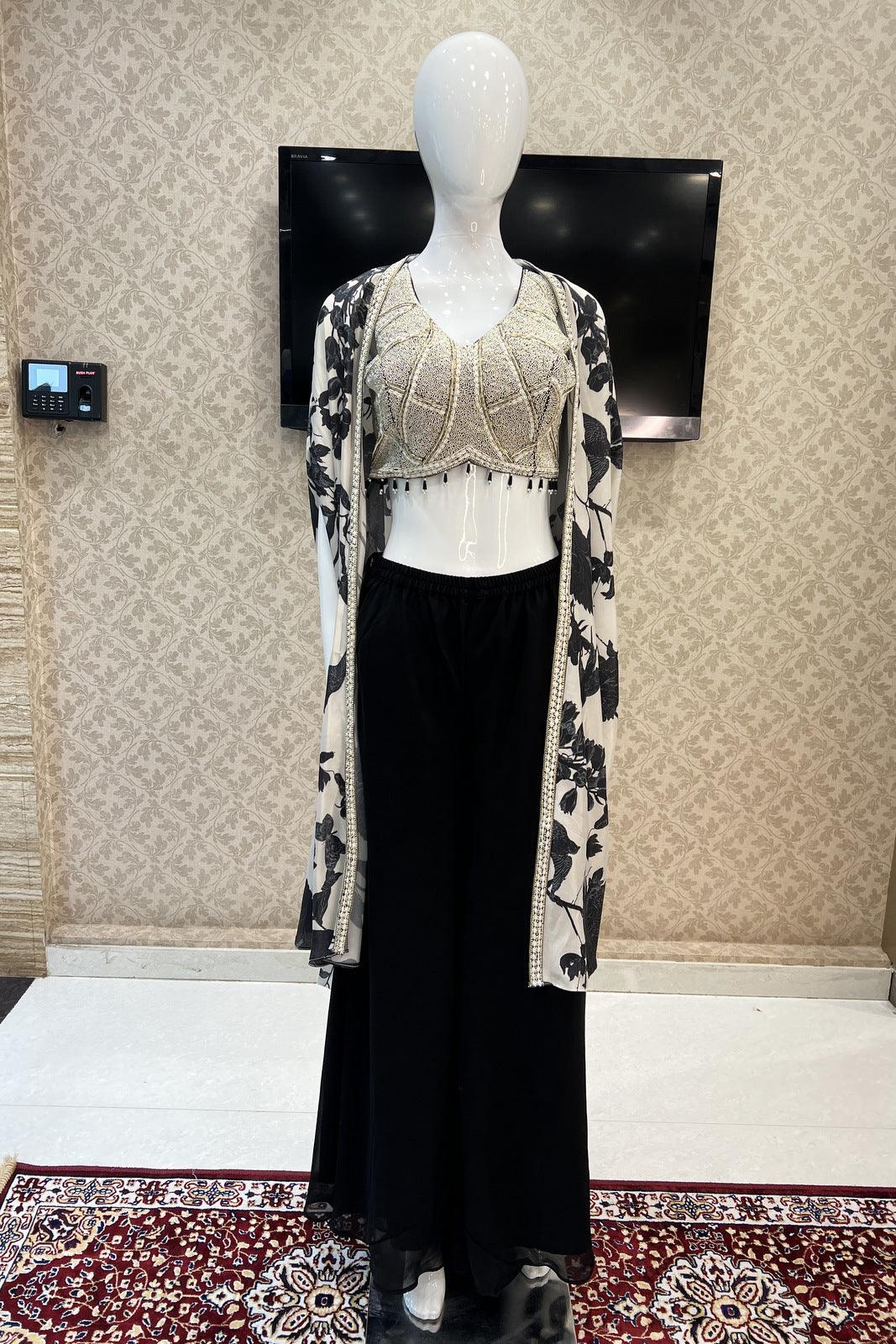 Black Beads and Pearl work with Half White Printed Over Coat Crop Top Palazzo Set - Seasons Chennai