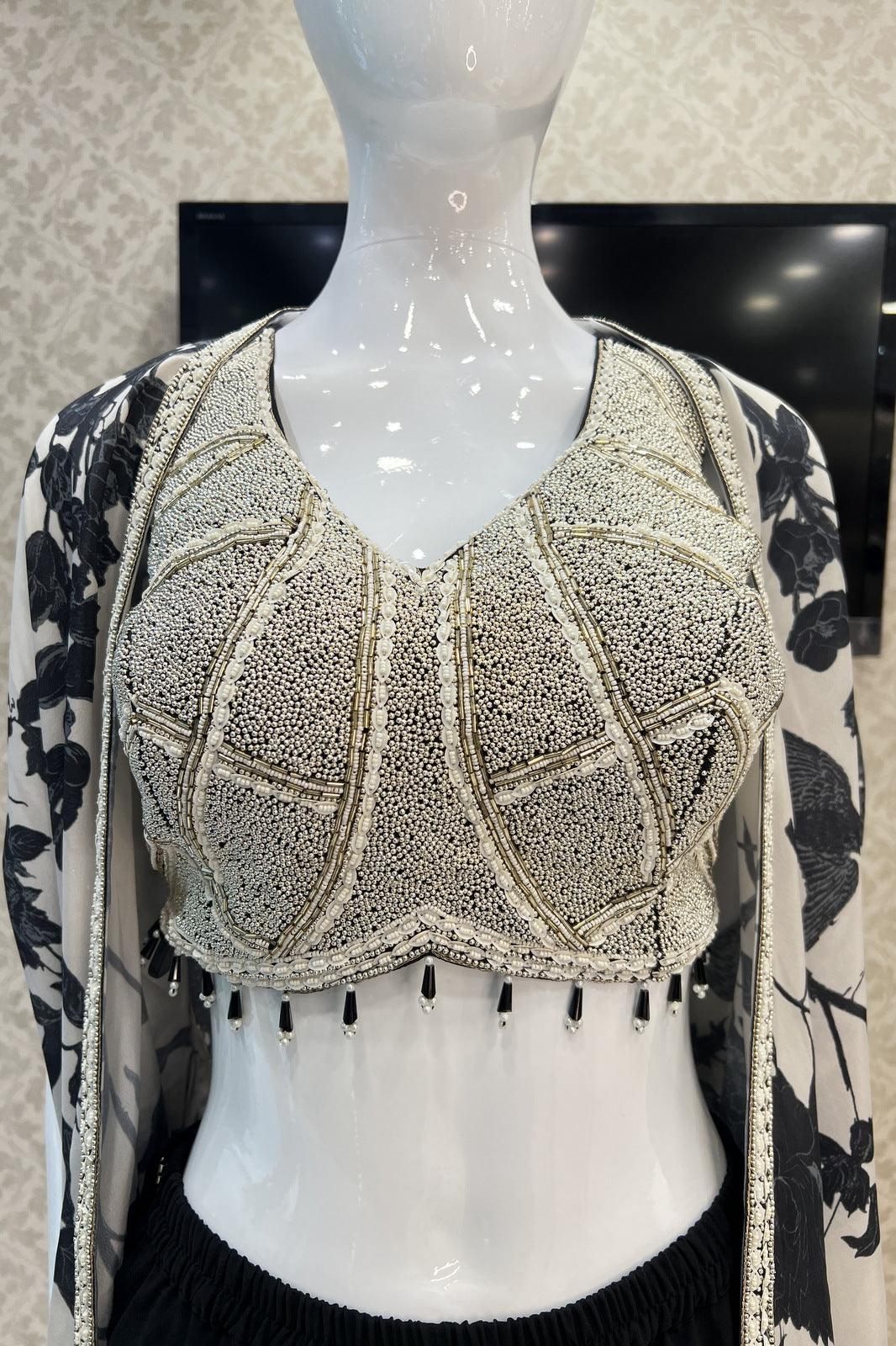 Black Beads and Pearl work with Half White Printed Over Coat Crop Top Palazzo Set - Seasons Chennai