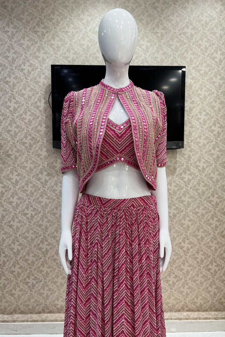 Pink Digital Print, Sequins, Zari and Thread work Crop Top with Overcoat Styled Palazzo Suit Set - Seasons Chennai
