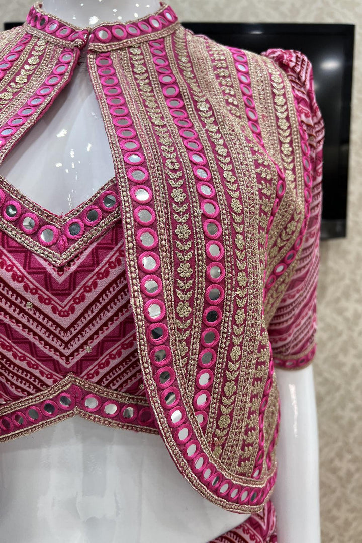 Pink Digital Print, Sequins, Zari and Thread work Crop Top with Overcoat Styled Palazzo Suit Set - Seasons Chennai