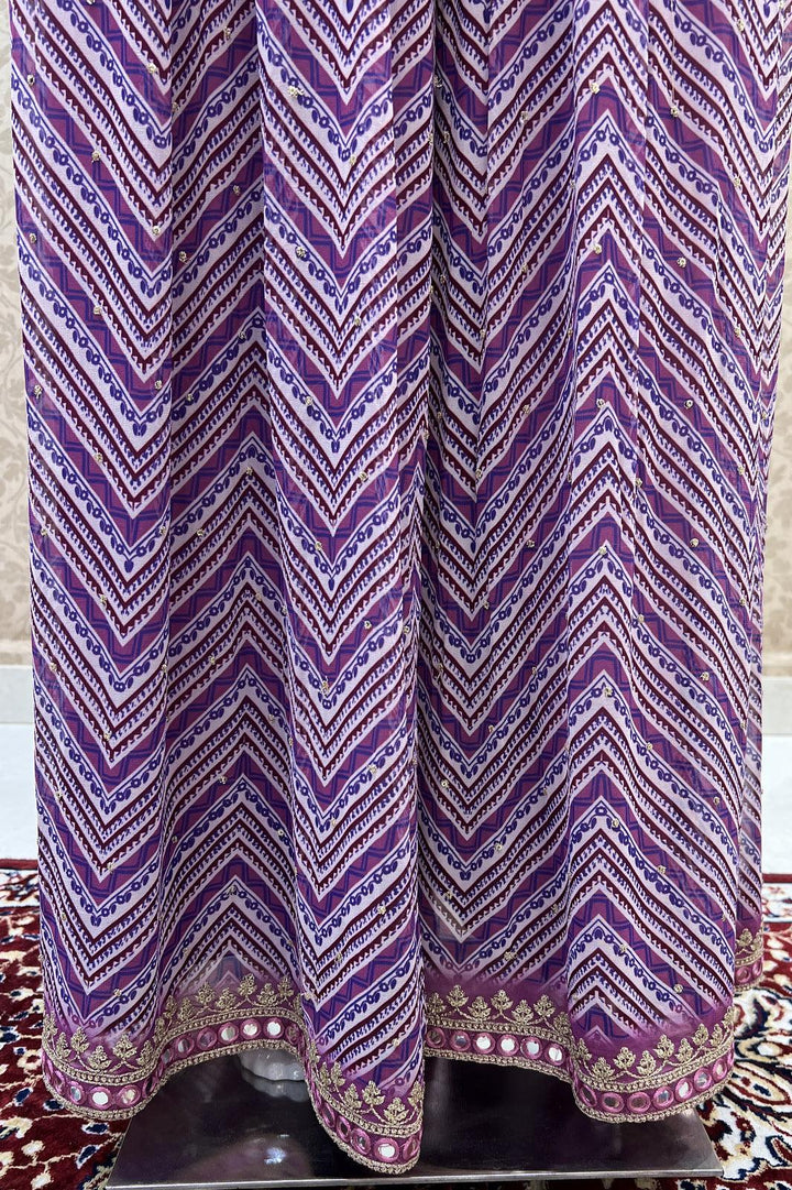Purple Digital Print, Sequins, Zari and Thread work Crop Top with Overcoat Styled Palazzo Suit Set - Seasons Chennai