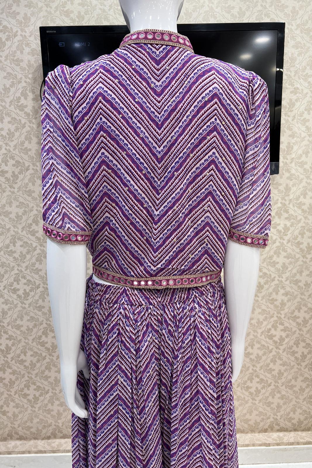 Purple Digital Print, Sequins, Zari and Thread work Crop Top with Overcoat Styled Palazzo Suit Set - Seasons Chennai