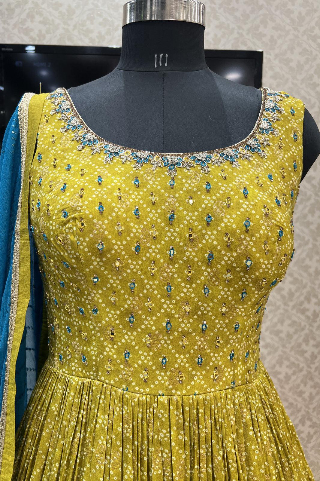 Mehendi Green Bandini Print, Banaras Butta, Zardozi and Stone work Floor Length Anarkali Suit - Seasons Chennai