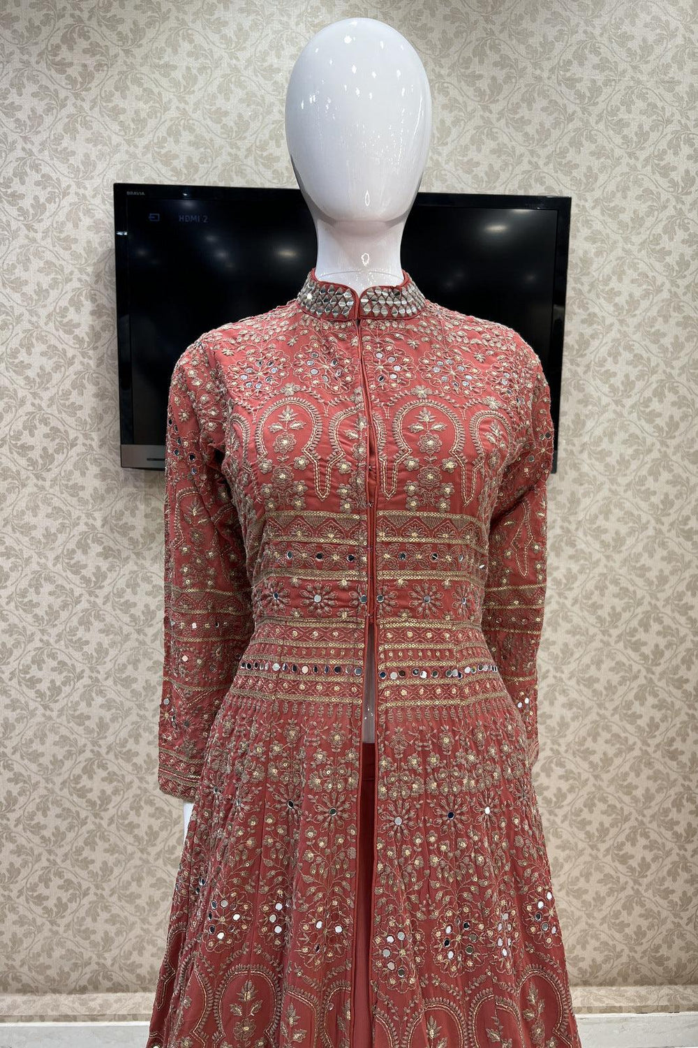 Dark Peach Thread, Mirror and Sequins work Long Top Lehenga - Seasons Chennai