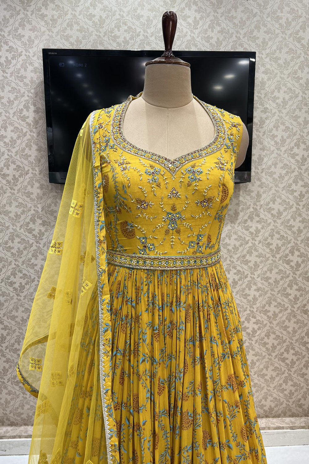 Yellow Digital Print, Mirror, Zardozi and Beads work Floor Length Anarkali Suit with Belt - Seasons Chennai