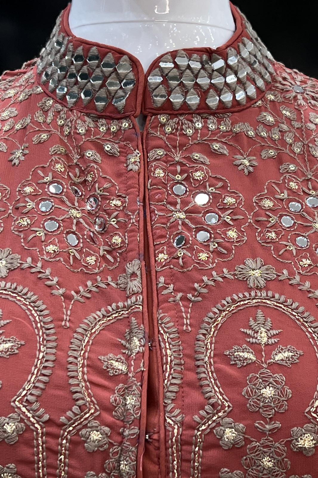 Dark Peach Thread, Mirror and Sequins work Long Top Lehenga - Seasons Chennai