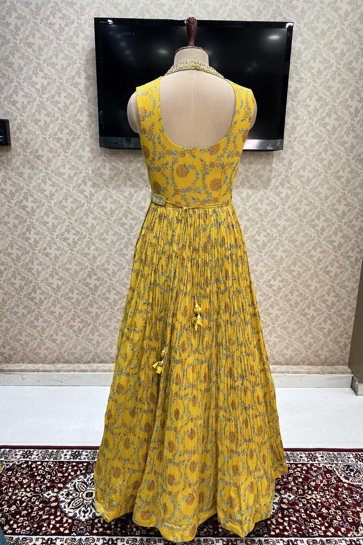 Yellow Digital Print, Mirror, Zardozi and Beads work Floor Length Anarkali Suit with Belt - Seasons Chennai