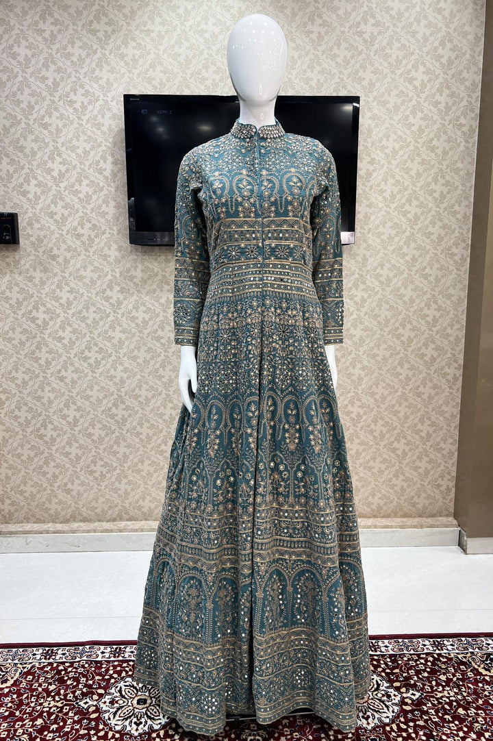 Light Green Thread, Mirror and Sequins work Long Top Lehenga - Seasons Chennai