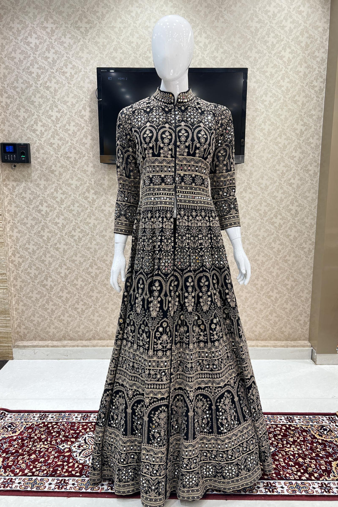 Black Chickankari, Mirror and Sequins work Mastani Styled Long Top Lehenga - Seasons Chennai