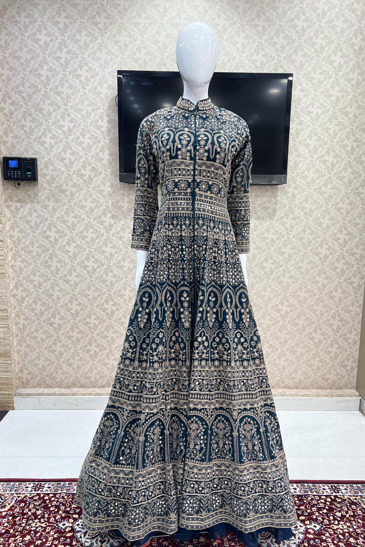 Peacock Green Chickankari, Mirror and Sequins work Mastani Styled Long Top Lehenga - Seasons Chennai