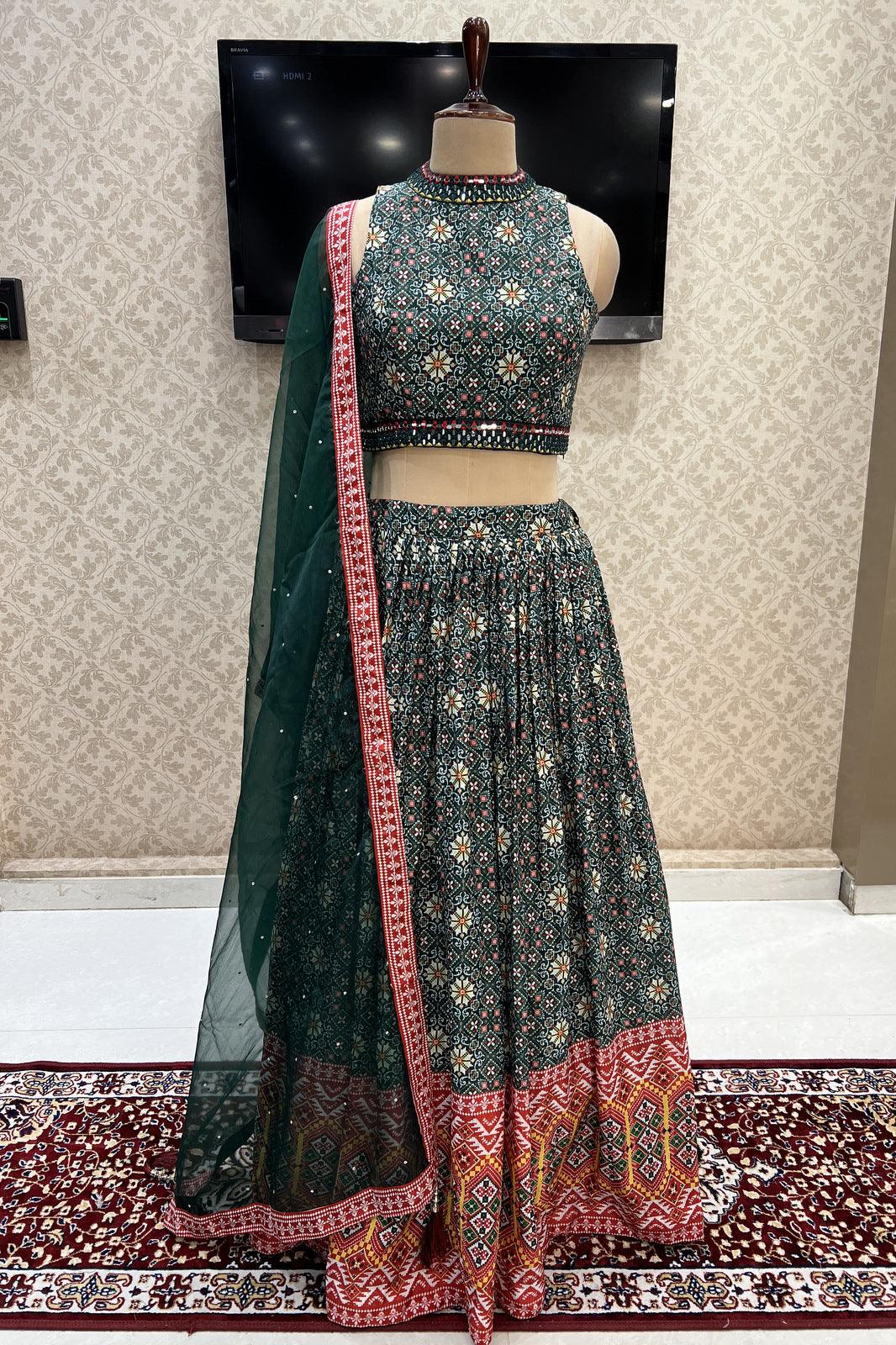 Green Mirror, Thread and Sequins work with Kalamkari Print Crop Top Lehenga - Seasons Chennai