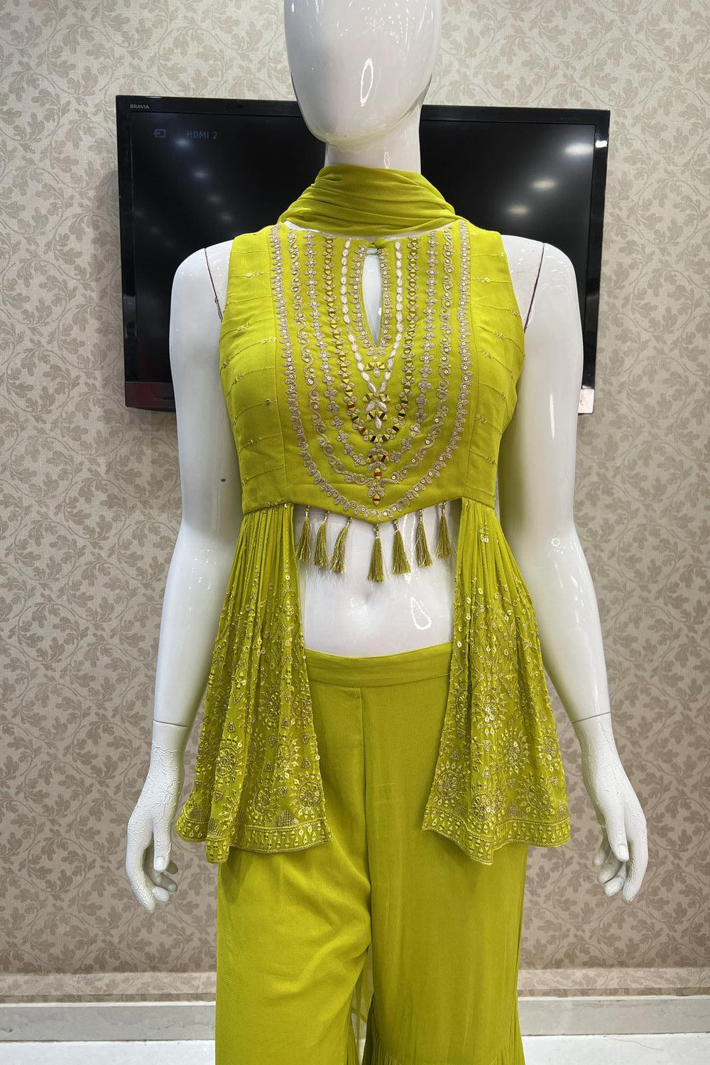 Parrot Green Sequins, Thread, Zari and Mirror work Peplum Top with Sharara Suit Set - Seasons Chennai