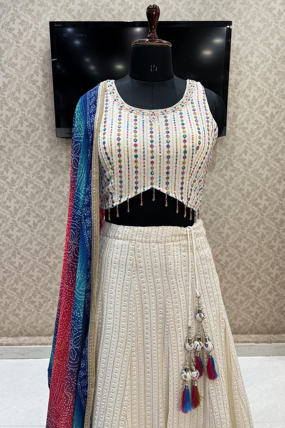 Cream Multicolor Thread, Sequins and Beads work Crop Top Lehenga with Bandini Print Dupatta - Seasons Chennai