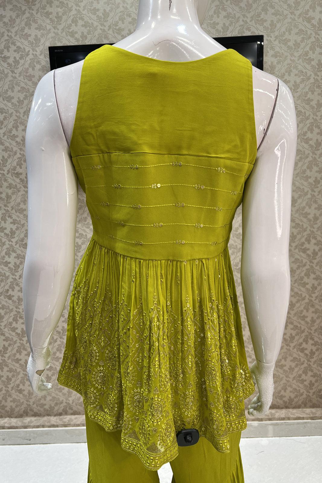 Parrot Green Sequins, Thread, Zari and Mirror work Peplum Top with Sharara Suit Set - Seasons Chennai
