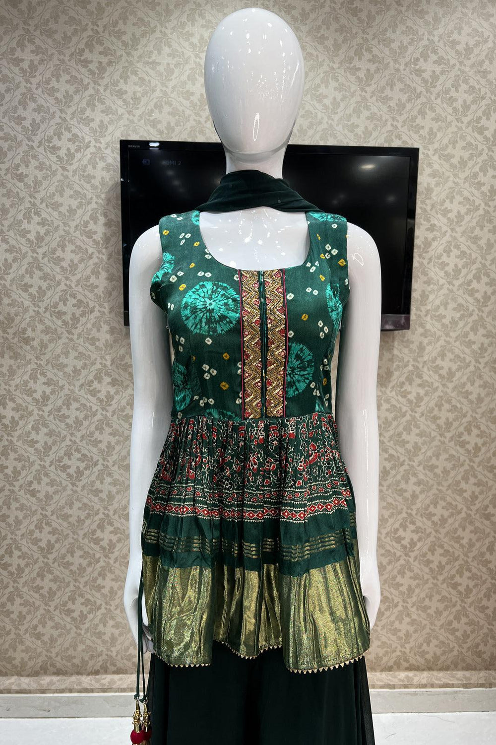 Bottle Green Bandini Print, Banaras and Sequins work Peplum Top with Palazzo Suit Set - Seasons Chennai