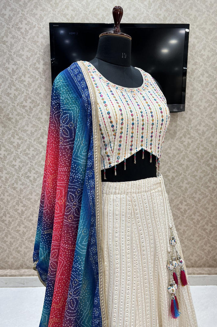 Cream Multicolor Thread, Sequins and Beads work Crop Top Lehenga with Bandini Print Dupatta - Seasons Chennai
