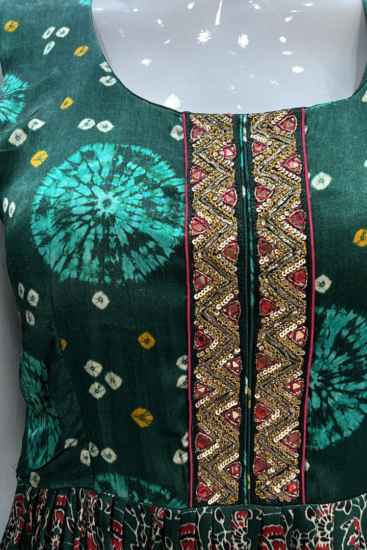 Bottle Green Bandini Print, Banaras and Sequins work Peplum Top with Palazzo Suit Set - Seasons Chennai