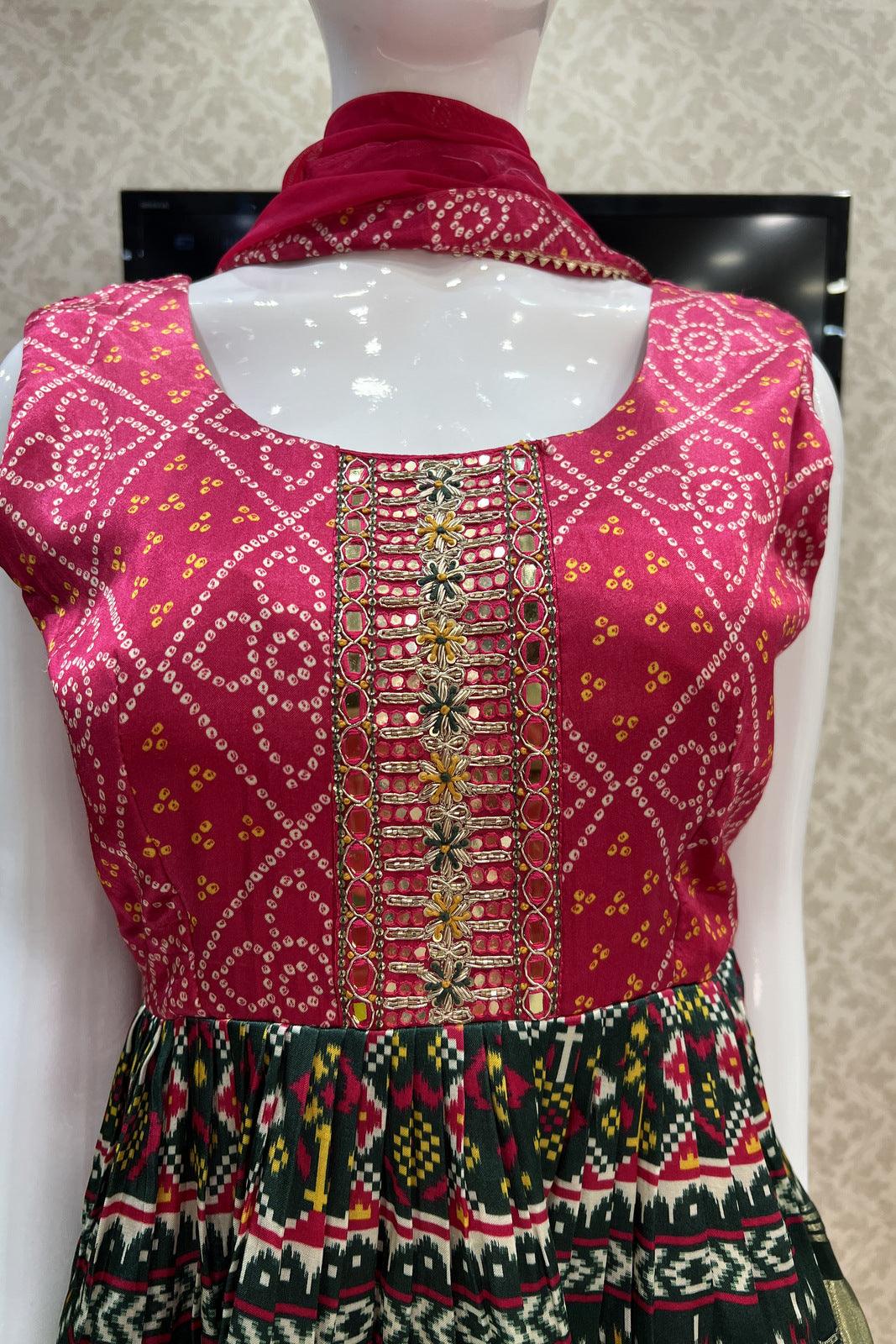 Rani Pink with Bottle Green Bandini Print and Banaras work Peplum Top with Palazzo Suit Set - Seasons Chennai
