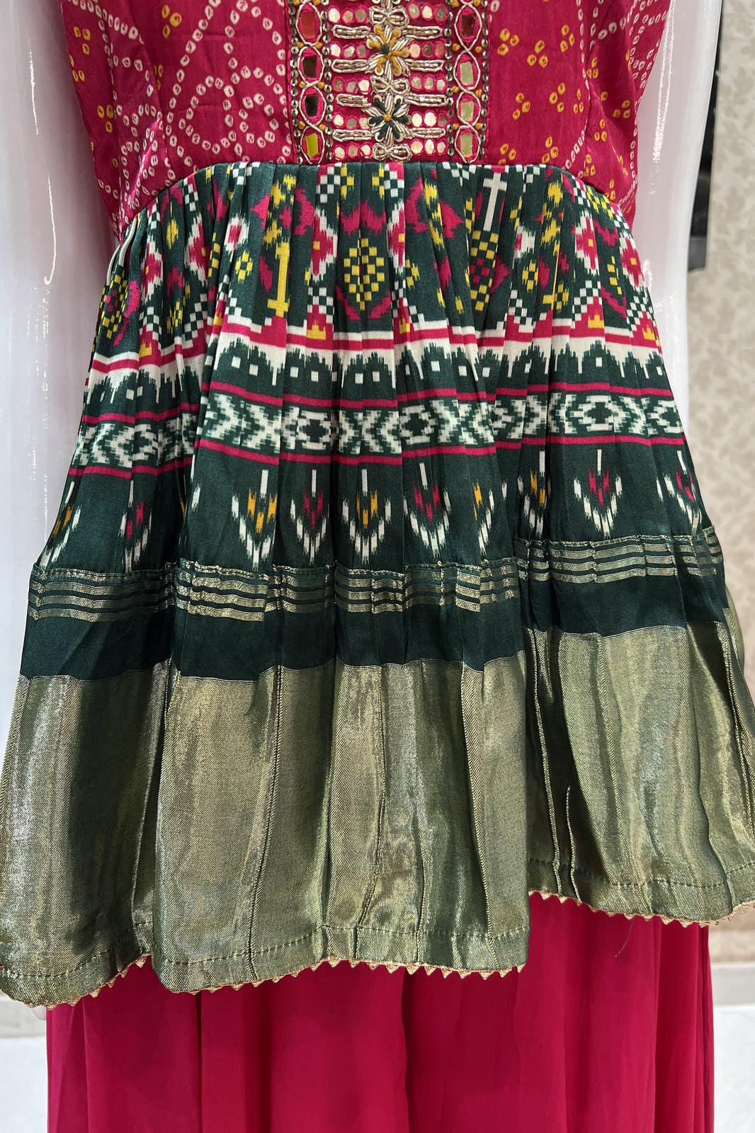 Rani Pink with Bottle Green Bandini Print and Banaras work Peplum Top with Palazzo Suit Set - Seasons Chennai