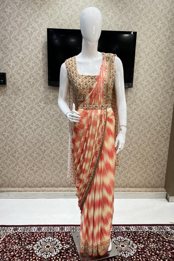 Multicolor Readymade Fancy Saree with Peach Readymade Blouse with Belt - Seasons Chennai