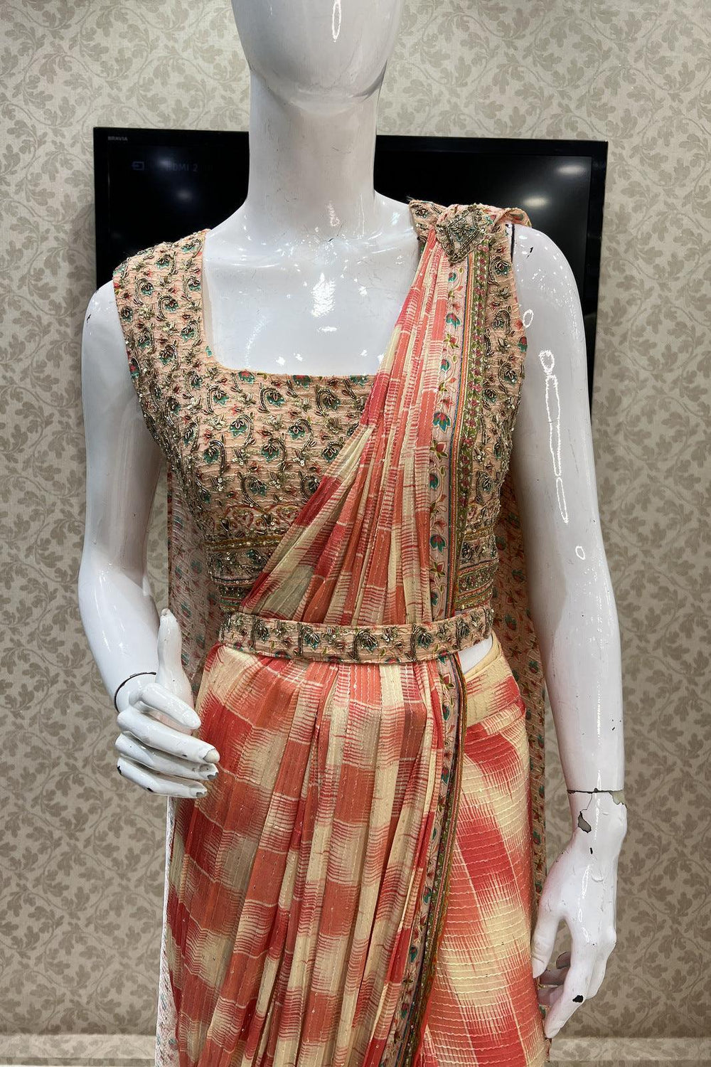 Multicolor Readymade Fancy Saree with Peach Readymade Blouse with Belt - Seasons Chennai