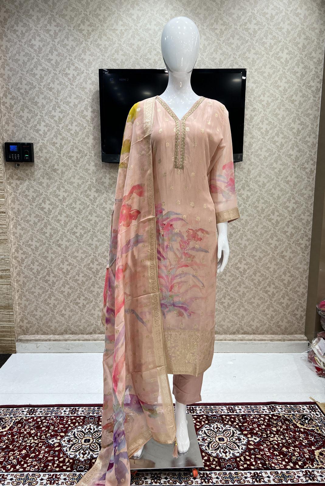 Peach Banaras, Zardozi and Zari work with Tie and Dye Print Straight Cut Salwar Suit - Seasons Chennai