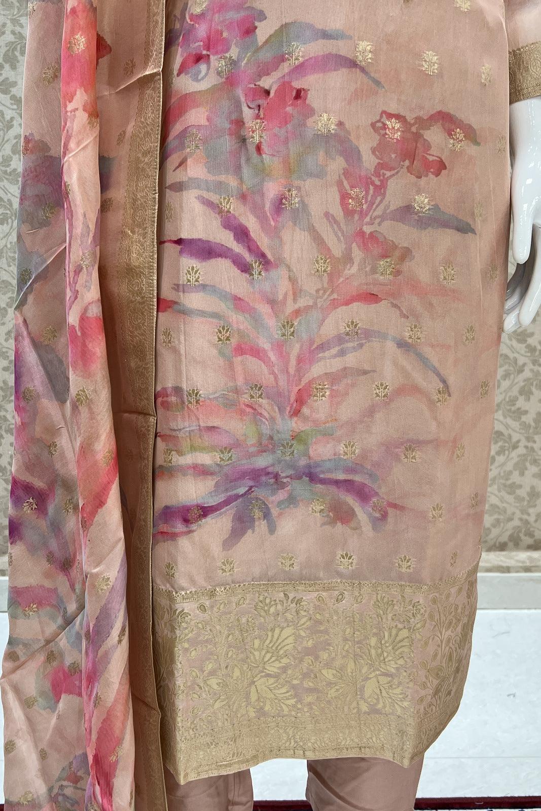 Peach Banaras, Zardozi and Zari work with Tie and Dye Print Straight Cut Salwar Suit - Seasons Chennai
