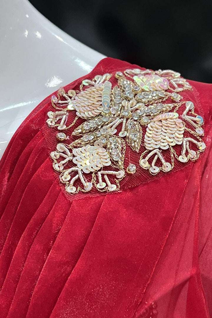 Red Readymade Fancy Saree and Readymade Designer Blouse with Belt - Seasons Chennai