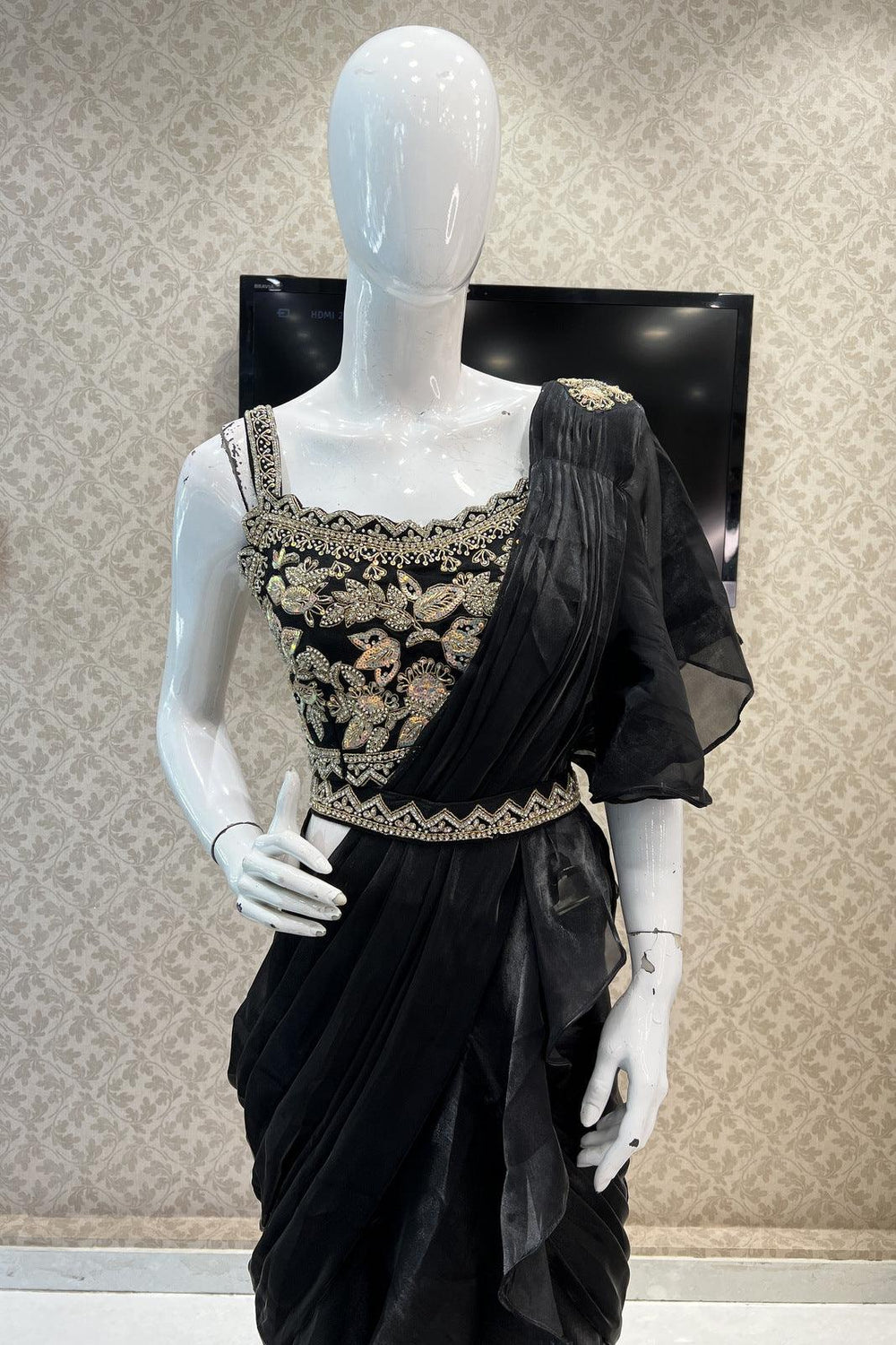 Black Readymade Fancy Saree and Readymade Designer Blouse with Belt - Seasons Chennai