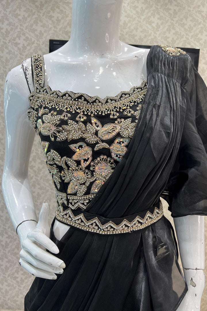 Black Readymade Fancy Saree and Readymade Designer Blouse with Belt - Seasons Chennai