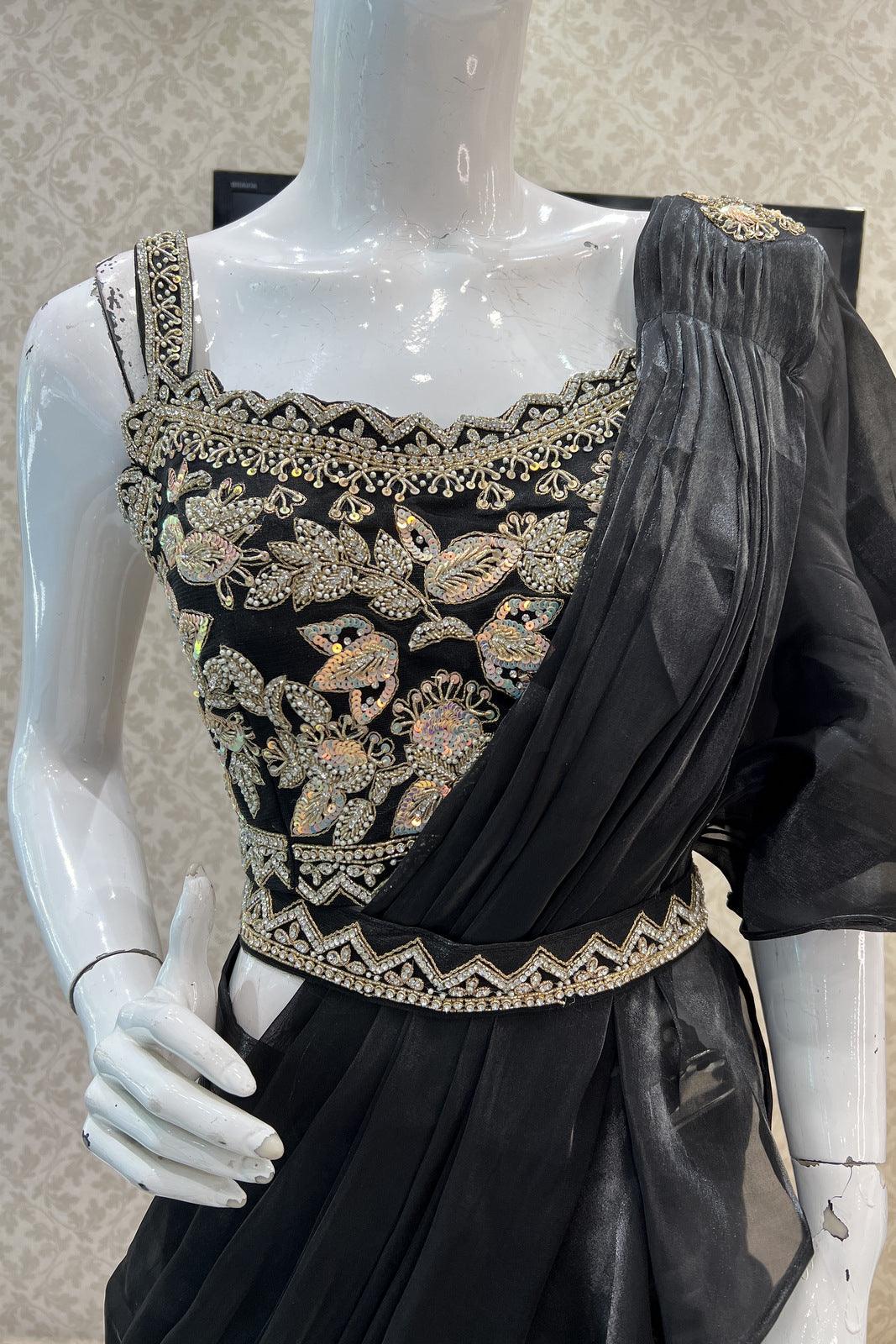 Black Readymade Fancy Saree and Readymade Designer Blouse with Belt