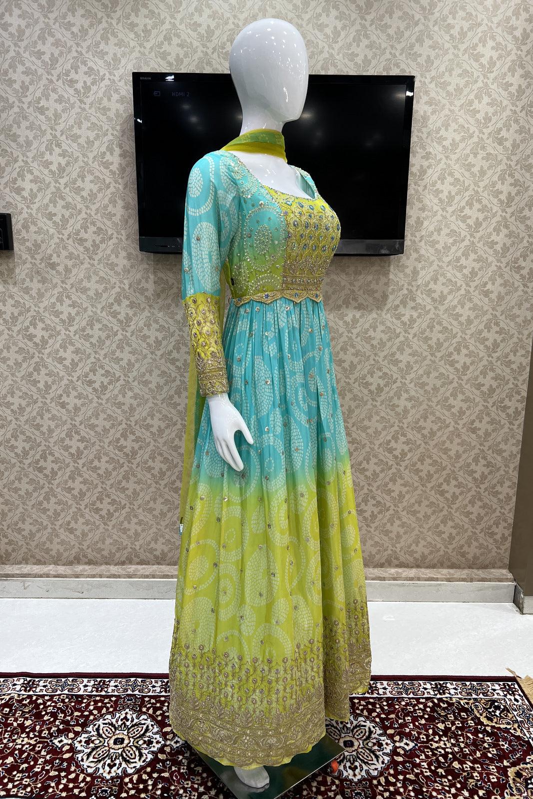Liril Green with Blue Bandini Print, Zardozi and Sequins work Floor Length Anarkali Suit - Seasons Chennai