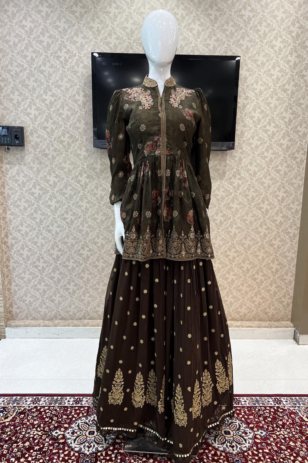 Brown with Green Beads, Stone and Banaras Butta work Peplum Style Lehenga - Seasons Chennai