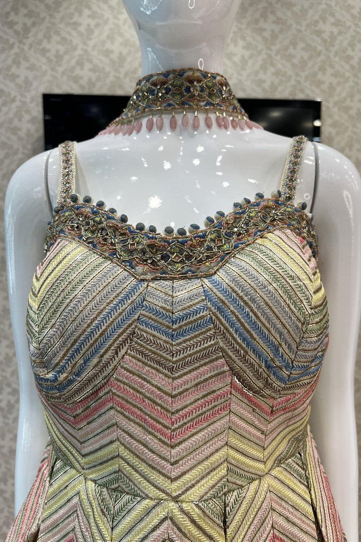Cream Multicolor Thread, Sequins, Stone and Zardozi work Peplum Top with Palazzo Suit Set - Seasons Chennai