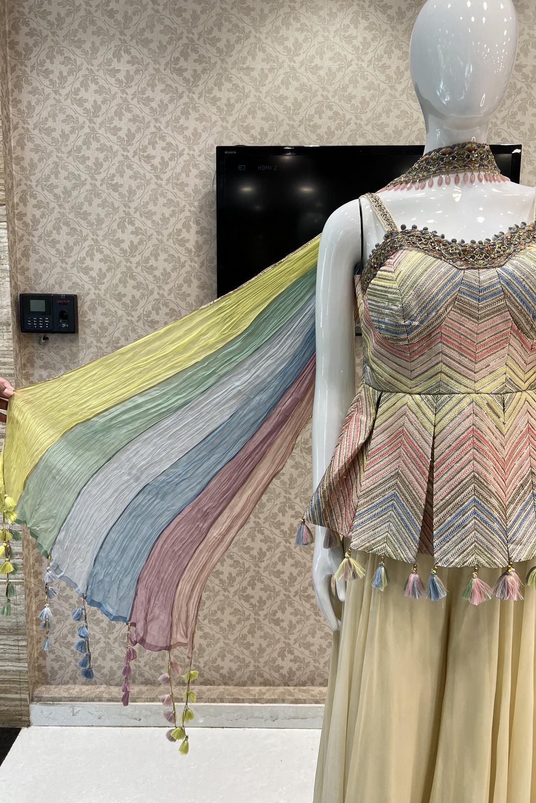 Cream Multicolor Thread, Sequins, Stone and Zardozi work Peplum Top with Palazzo Suit Set - Seasons Chennai