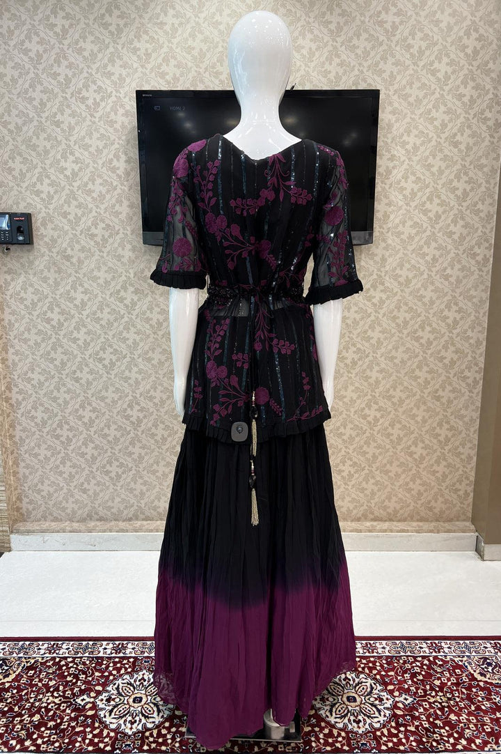 Black with Dark Magenta Shaded Embroidery and Sequins work Peplum Style Lehenga - Seasons Chennai