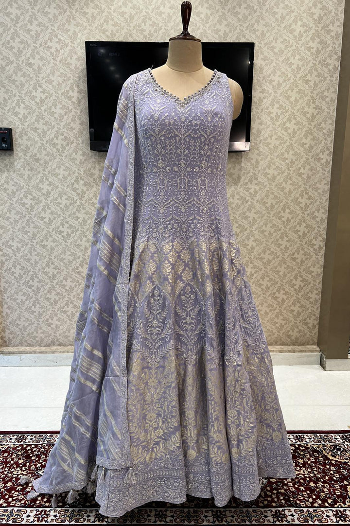 Lavender Lucknowi Thread, Sequins, Zari and Banaras work Floor Length Anarkali Suit - Seasons Chennai