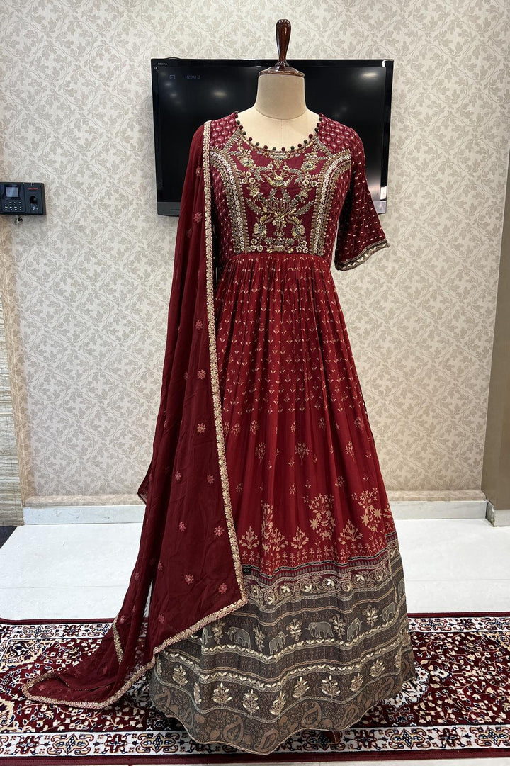 Maroon with Grey Shaded Digital Print, Thread and Beads work Floor Length Anarkali Suit - Seasons Chennai