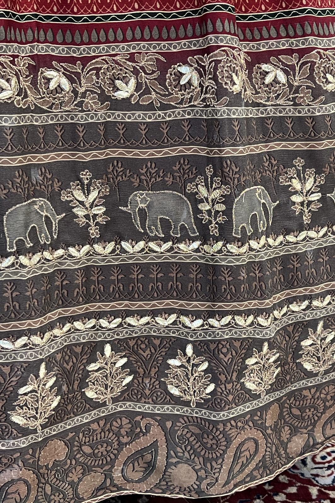 Maroon with Grey Shaded Digital Print, Thread and Beads work Floor Length Anarkali Suit - Seasons Chennai