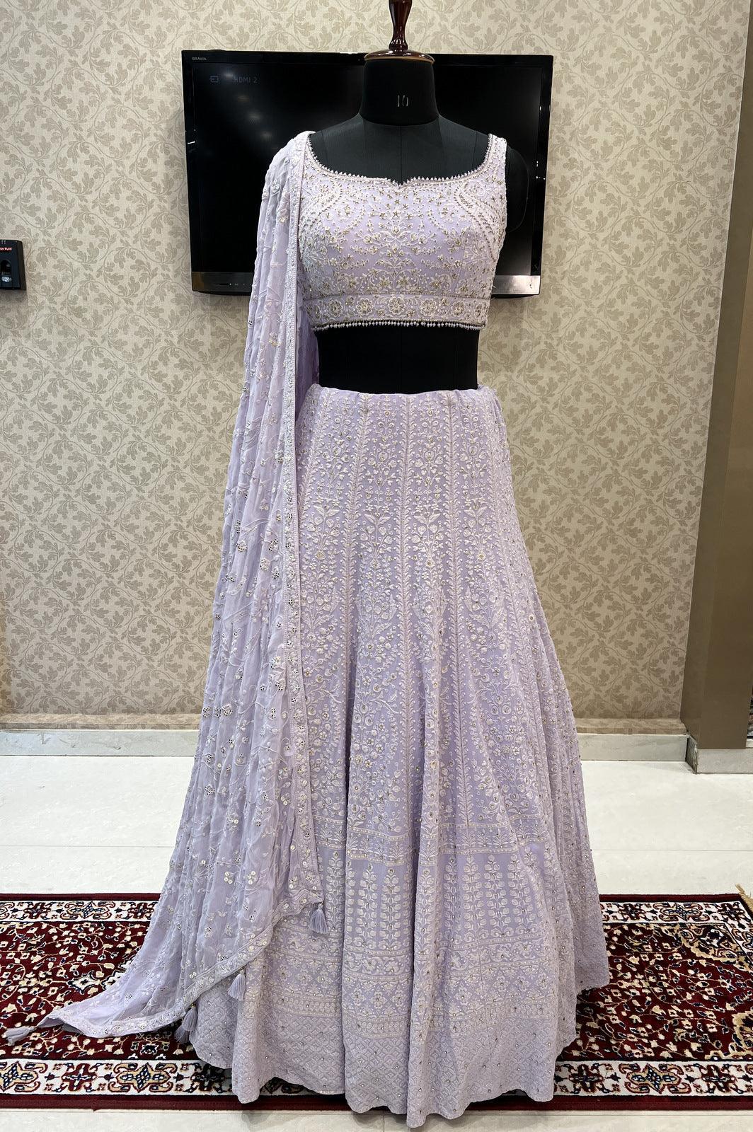 Light Lavender Lucknowi Thread, Pearl, Stone and Sequins work Crop Top Lehenga - Seasons Chennai