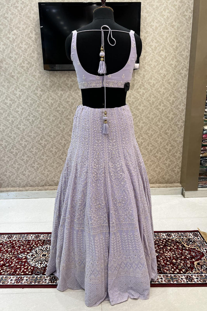 Light Lavender Lucknowi Thread, Pearl, Stone and Sequins work Crop Top Lehenga - Seasons Chennai