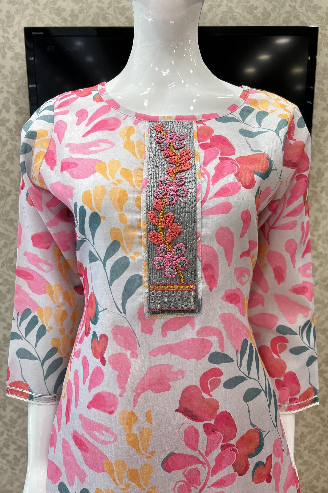 Half White and Pink Digital Print and Thread work Straight Cut Salwar Suit - Seasons Chennai