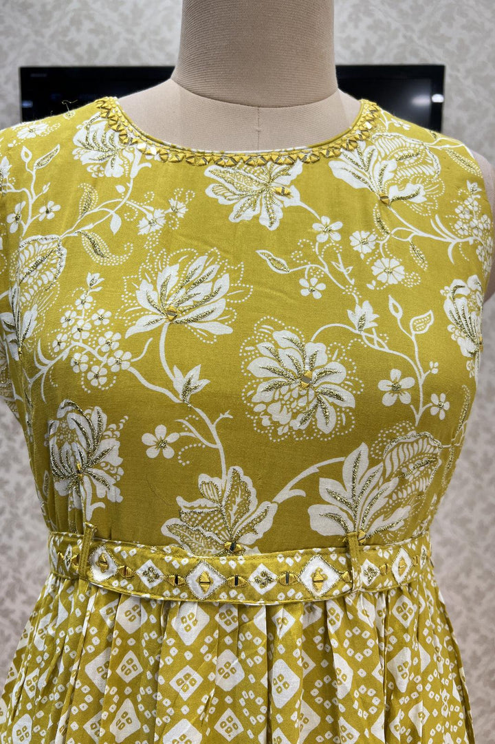 Mustard Floral and Bandini Print Anarkali Long Kurti with Belt - Seasons Chennai