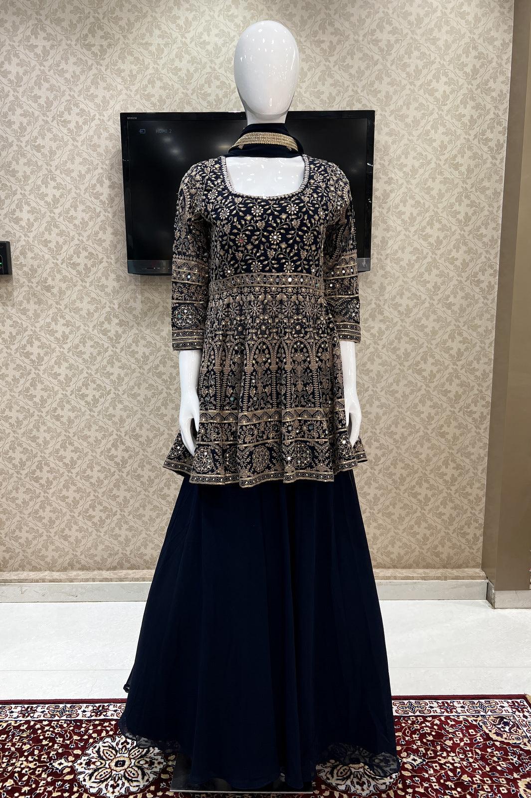 Navy Blue Thread, Mirror and Sequins work Peplum Style Lehenga - Seasons Chennai