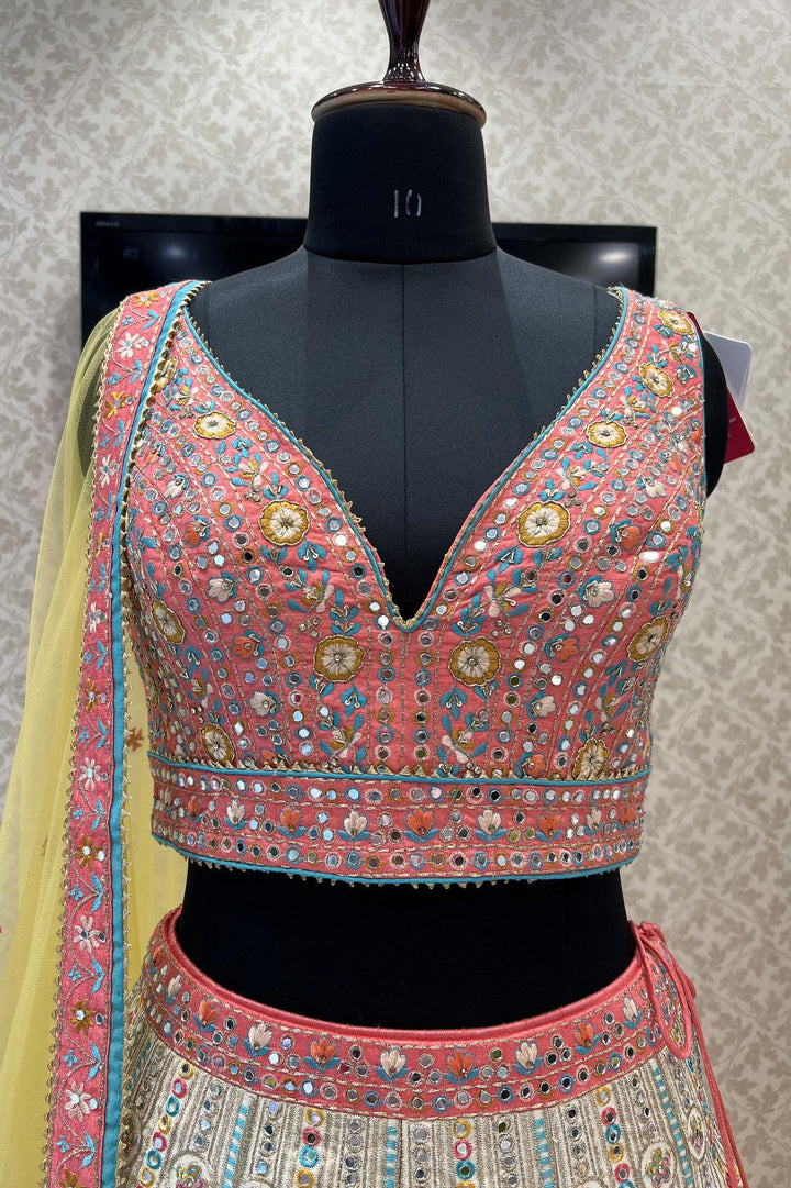Peach with Cream Multicolor Thread, Mirror and Sequins work Crop Top Designer Bridal Lehenga - Seasons Chennai