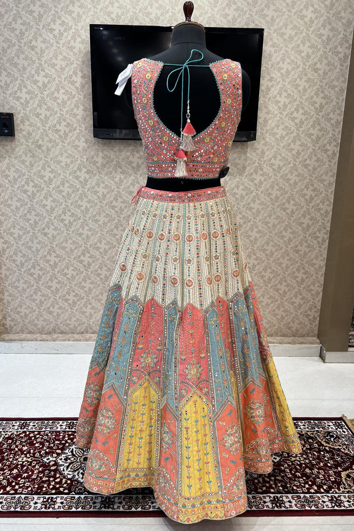Peach with Cream Multicolor Thread, Mirror and Sequins work Crop Top Designer Bridal Lehenga - Seasons Chennai