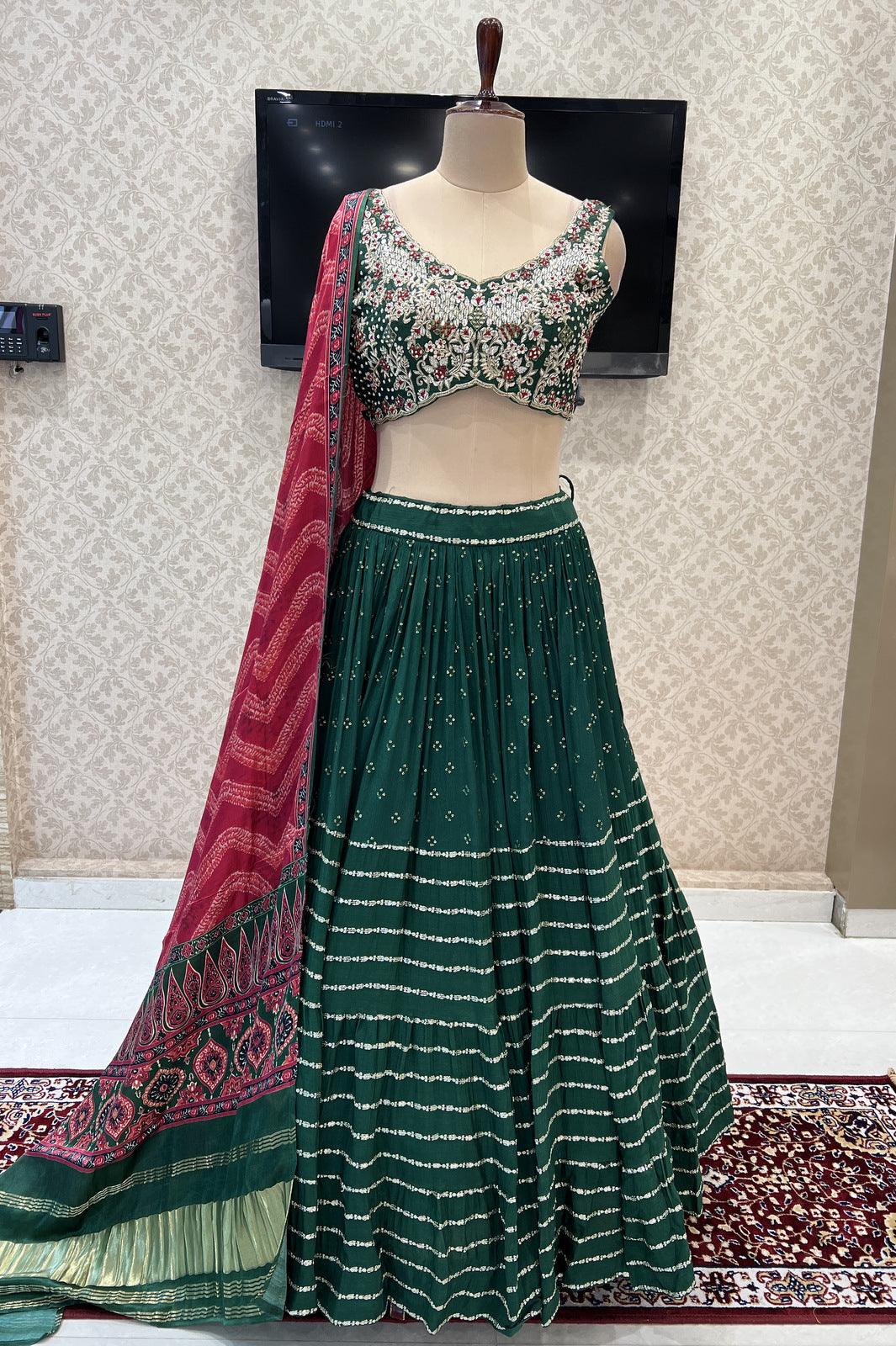 Bottle Green Stone, Zardozi, Thread, Sequins and Mirror work Crop Top Lehenga - Seasons Chennai