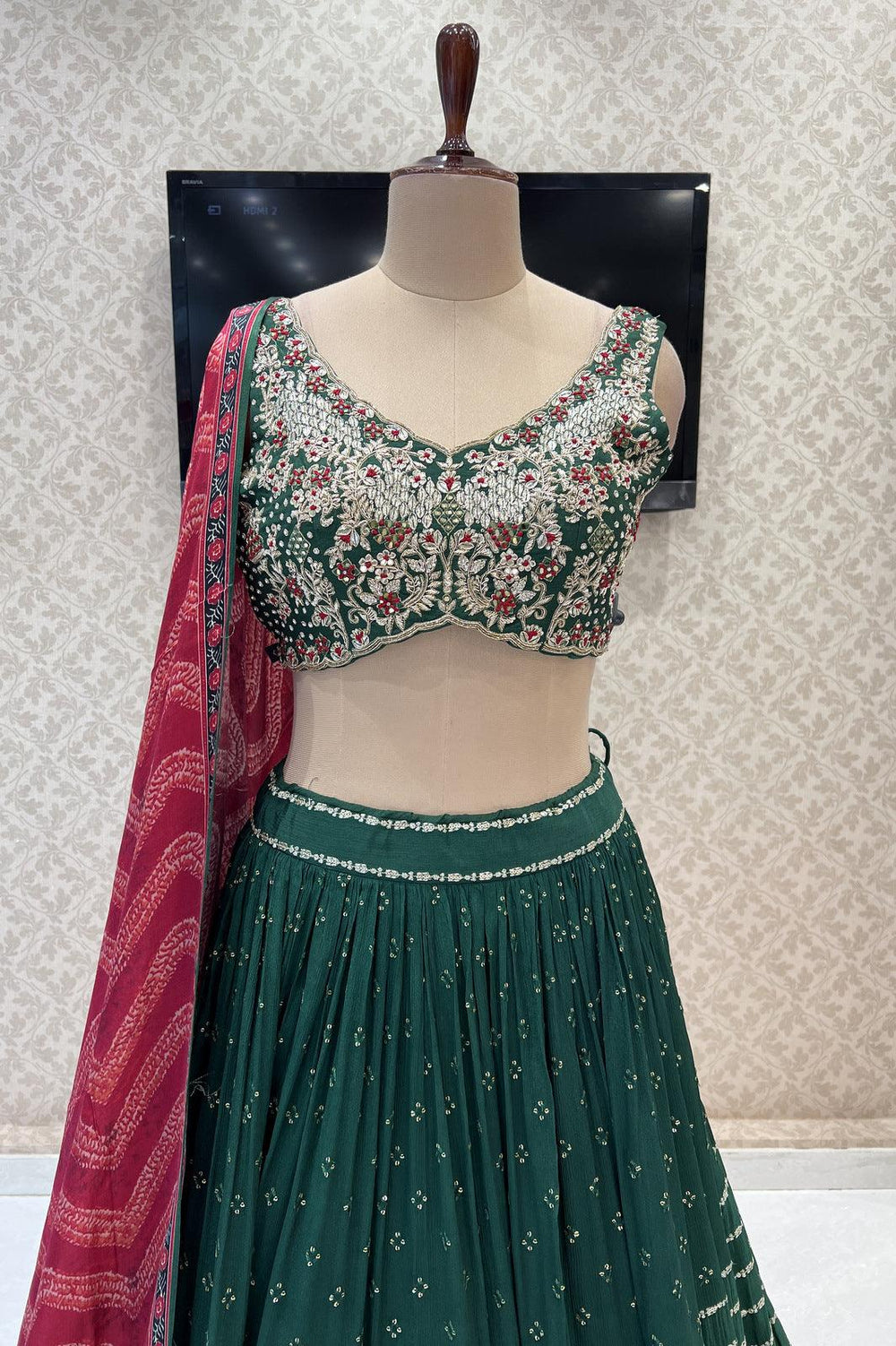 Bottle Green Stone, Zardozi, Thread, Sequins and Mirror work Crop Top Lehenga - Seasons Chennai